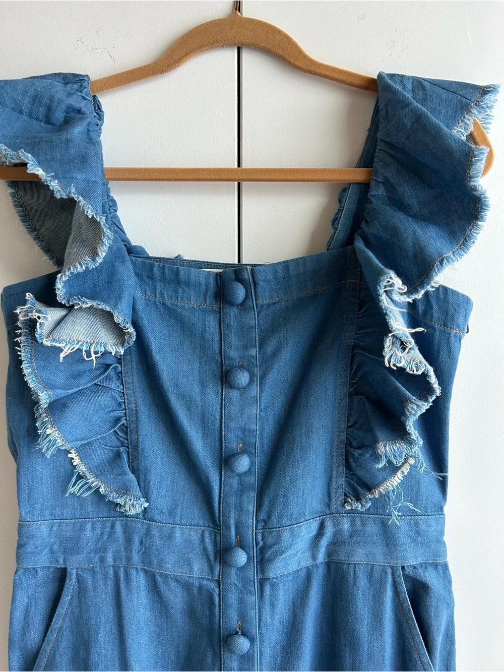 Sea New York Blue Denim Ruffle-Strap Wide-Leg Overalls - Picture 3 of 6